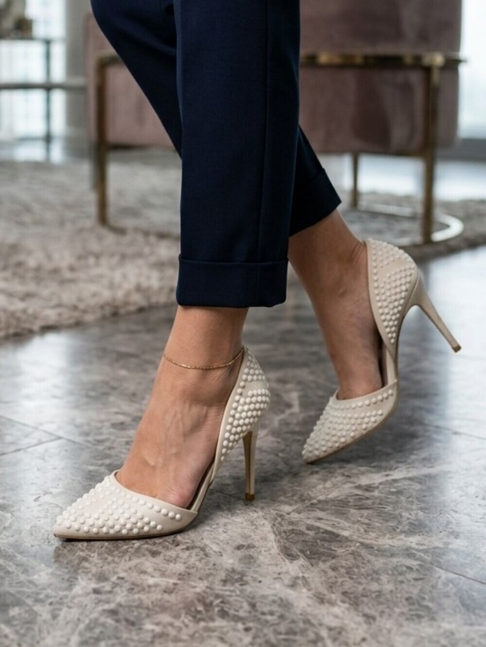 French Connection Studded D'Orsay Pumps EU 39.5 Ivory Pointed Toe High Heels